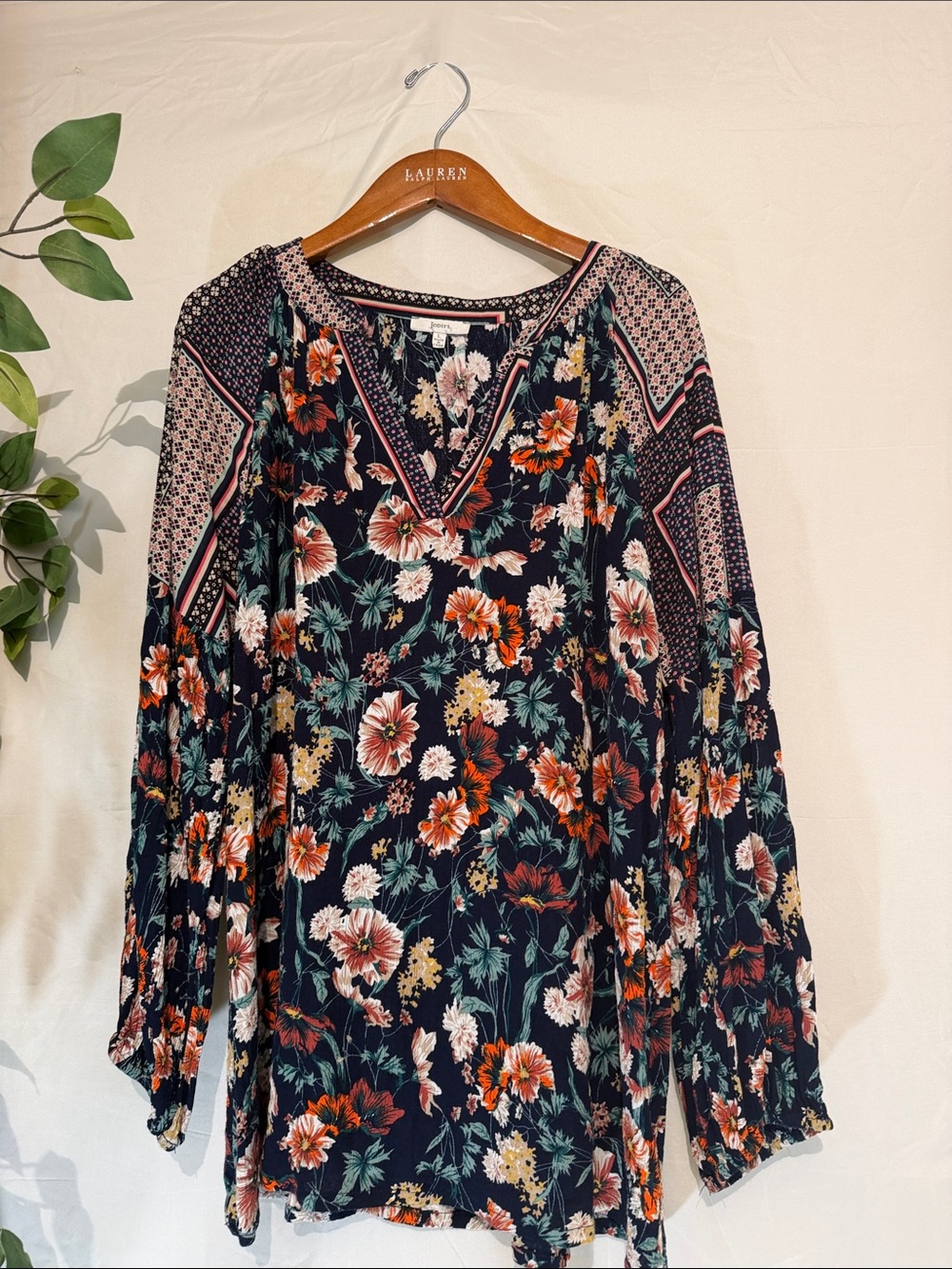 JODIFL Navy Floral V-Neck Blouse with Rust, Cream & Teal Flowers
